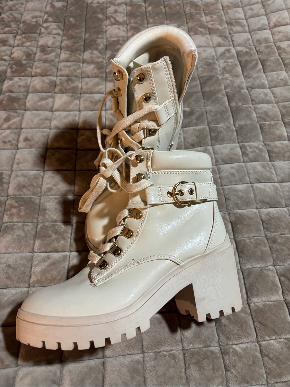 Wild Pair Cream Lace-Up Lug Heel Combat Boots with Gold Buckle